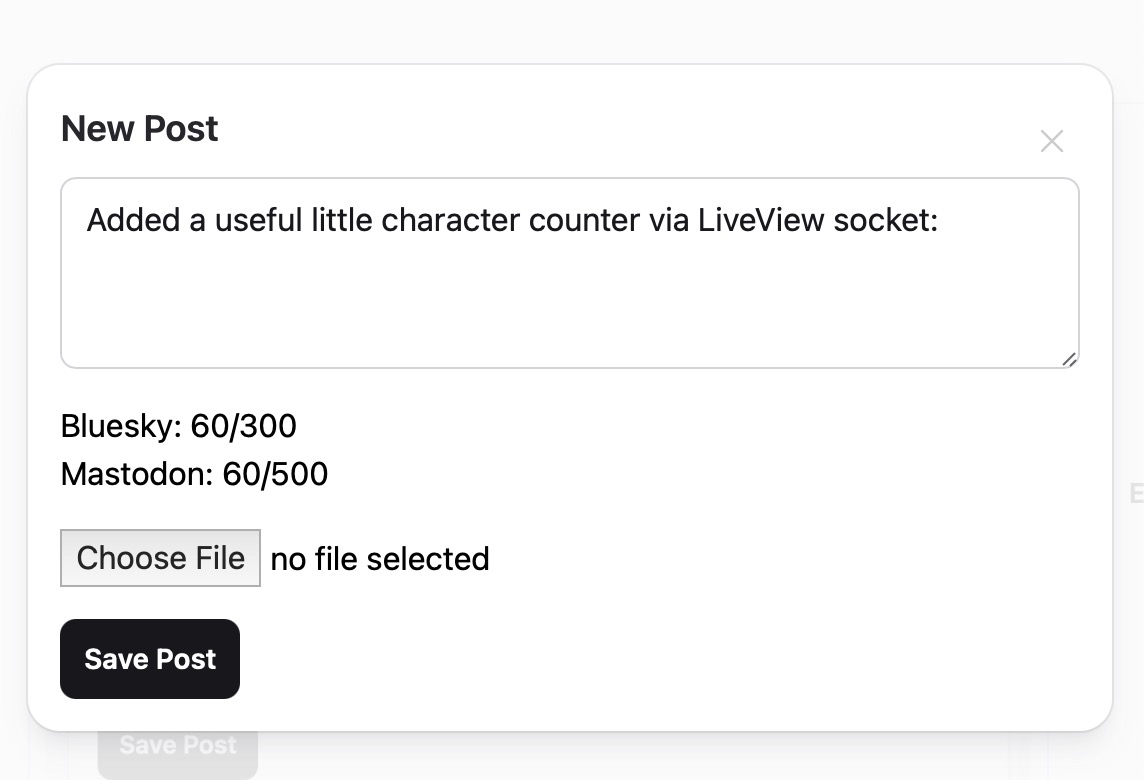 Added a useful little character counter via LiveView socket: